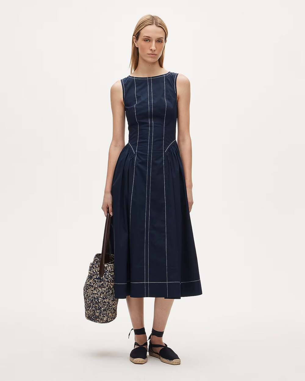 J.Crew Contrast Stitch Midi Dress Cotton Poplin Blend Navy Blue Size 0 NWT